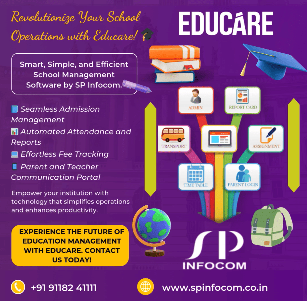 Educare is an all-in-one school management software by SP Infocom that simplifies administration, enhances communication, and empowers smarter learning.